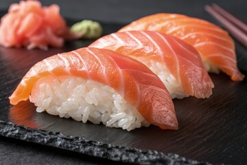 Fresh Salmon Sushi Served on a Slate Plate During Dinner Generative AI