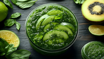 Obraz premium Green Detox Smoothie with Cucumber Slices Lime Kiwi and Basil on Dark Wooden Table Fresh and Healthy Drink with Natural Ingredients in Flat Lay