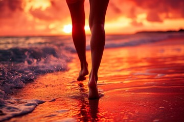 Charcoal black skin gorgeous with stunning graceful legs walking along the beach of a tropical sea. Holiday and adventure. Close-up red skorts on a lovely and hot young woman.