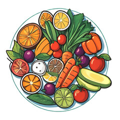 fruits and vegetables on a plate cartoon vector illustration