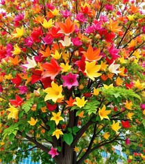Vibrant tree bursts with abstract blooms, diverse shapes & sizes, lush foliage, unique, illustration, artistic