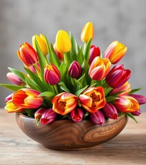 Vibrant tulips in a rustic wooden bowl centerpiece, fresh flowers, tulips