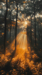Fototapeta premium Golden sun rays illuminate the forest floor through trees creating a warm glow and a mystical scene full of light and