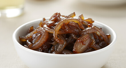 Delicious caramelized onions served in a white bowl, a culinary delight