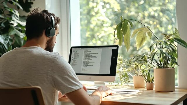 Entrepreneur video calling clients from a home office setup