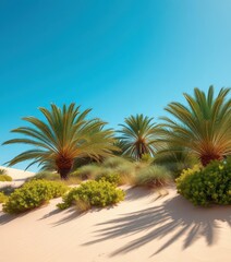 Fototapeta premium Emerald green palm trees and lush vegetation thriving amidst sand dunes under a clear blue sky, water, serenity, lush