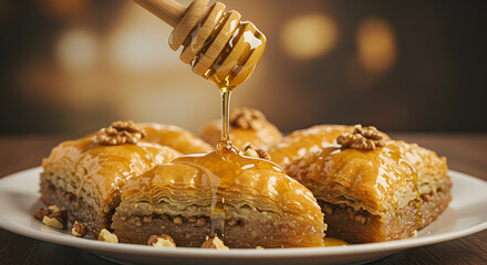 Golden baklava delights drizzled with pure honey for a sweet indulgence