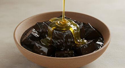 Refreshing chinese herbal jelly served with golden honey in rustic bowl close-up