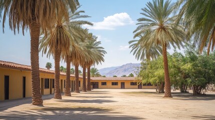 Row of palm trees lines a building in a desert