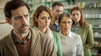 Obraz premium Anxious group of people waiting in line at a pharmacy
