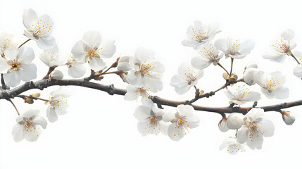 Obraz premium Horizontal Cutout of White Cherry Blossoms Blooming on Branches Against a White Background in a Still Life Floral Arrangement