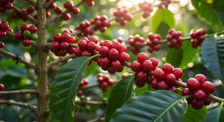 Fototapeta premium Lush coffee tree branches adorned with vibrant, ripe red coffee cherries in bright sunshine