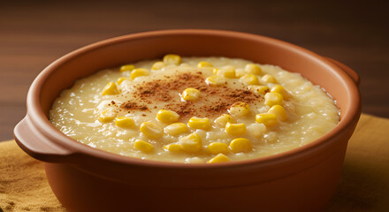 Brazilian Canjica sweet corn pudding served in ceramic bowl on rustic background