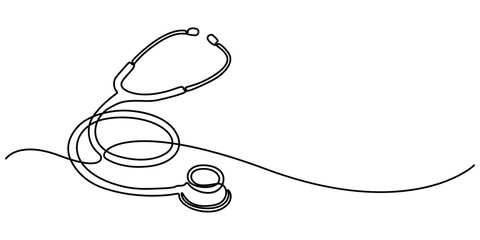 World health  day medical stethoscope  single line art, continuous one line drawing of  Isolated outline vector icon, Single one line Medicine stethoscope single continuous line art silhouette on pro.