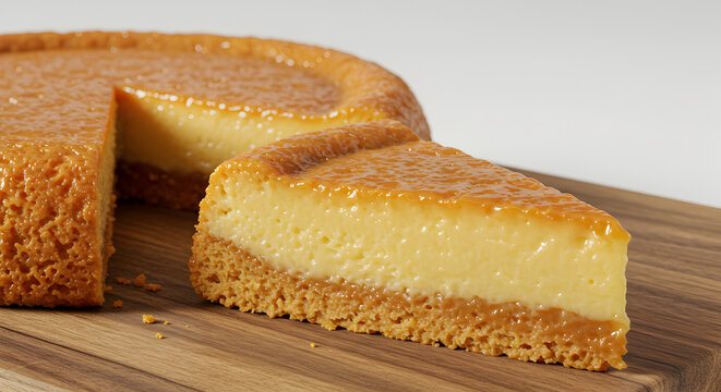 Delicious homemade quindim cake with a slice cut on a wooden board closeup