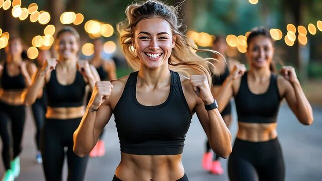 Smiling Dancers Enjoy Zumba Class Under City Lights at Night Generative AI