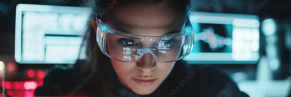 Aufkleber female scientist analyzing virus sample with safety goggles in advanced laboratory illuminated by le