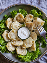 Dumplings with sour cream in an iron plate on a gray background