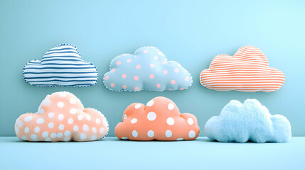Six cloud pillows on a blue surface Varying stripes and dots Soft plush texture sweet baby pastel tones Playful deco