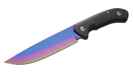 Isolated Iridescent Blade Hunting Knife with Dark Handle