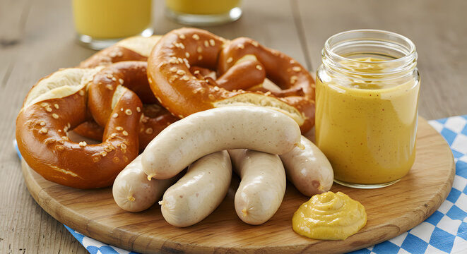Traditional Bavarian Wei?wurst Sausages with Fresh Pretzels and Sweet Mustard Feast