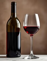 A full bottle and half-filled glass of rich red wine, elegant, half full