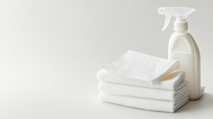 A stack of paper towels next to a bottle of surface disinfectant, neatly arranged on a white background,