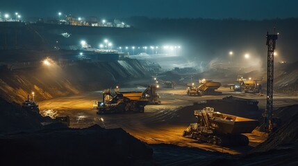 Night Mining Operation with Heavy Equipment and Artificial Lighting