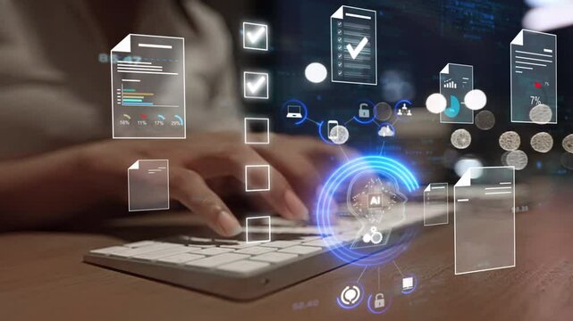 Ai Futuristic Document management concept, check electronic documents on digital documents on virtual screen Document Management System and process automation to efficiently document paperless operate
