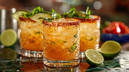 Cinco de Mayo, Refreshing Spicy Tequila Cocktails with Lime and Cilantro Garnish in Elegant Glasses Perfect for Summer Parties and Festive Occasions