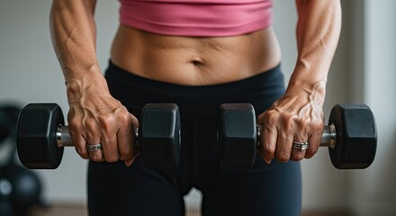 Strength training focus with dumbbells for fitness and health motivation