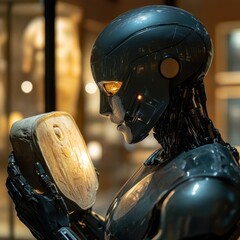 Fototapeta premium Robot Holding Ancient Artifact in Modern Museum Setting