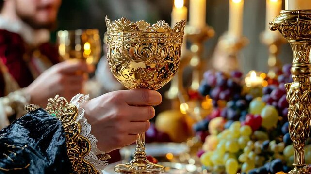 Opulent Banquet Celebration Golden Goblets, Rich Fruits, and Candlelight Create Lavish Table of Abundance - Powered by Adobe