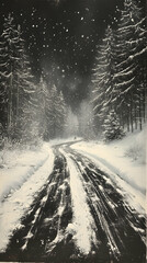 Fototapeta premium Snow-covered road winding through a forest of evergreen trees under a sky with falling snow creates a serene winter scen