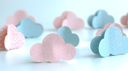 Fototapeta premium Pastel-colored clouds in pink and blue some patterned scattered on a clean bright white surface with a soft dreamy f