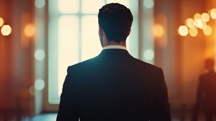 Elegant man in suit standing with his back to window, evoking luxury and anticipation in indoor setting filled with soft light.