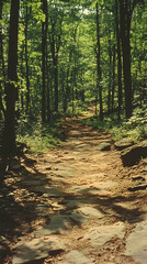 Obraz premium Path leading through a dense forest Sunlight dapples the ground illuminating the textured trail lined with green folia