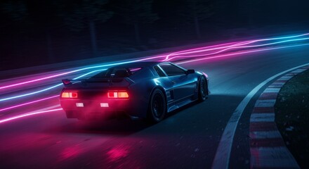 Naklejka premium Night Drive Retro Sports Car - Sleek retro sports car speeding along a neon-lit race track at night. Vibrant pink and blue lights streak behind