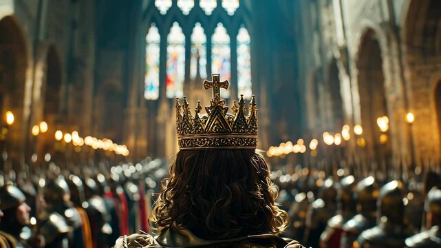 Majestic crown glimmers in light as regal figure stands in grand cathedral surrounded by armored knights, embodying medieval royalty and grandeur.