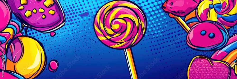 Poster dynamic pop-art background with oversized colorful lollipops and chewy candy shapes in bold comic st