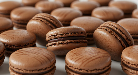 Delightful display of decadent chocolate macarons on a pristine white canvas