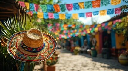 Cinco de Mayo, Vibrant Decorated Straw Hat Hanging in Festive Street Scene with Colorful Papel Picado Banners A sunny day in a colorful town