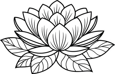 Lotus Flower Outline with Leaves, Floral Line Art, Black and White, Transparent