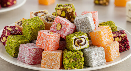 Assorted Turkish delight cubes on a white plate creating a colorful arrangement