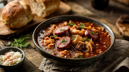 Bowl of Stew with Bread for Culinary Art in Rustic Food Photography