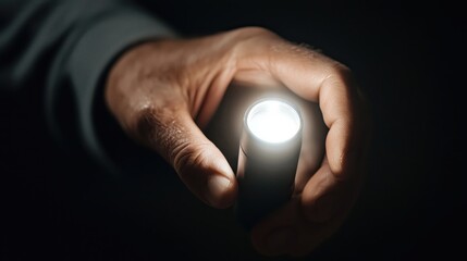 Close-up of shaking hands holding a flashlight in the dark