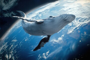 Surreal image of a whale floating in space above Earth, blending nature and fantasy with cosmic atmosphere, ideal for creative, dreamlike and imaginative design themes.