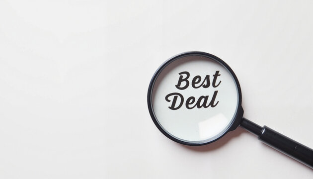 Magnifying glass highlighting 'Best Deal' on minimalistic desk, bargain hunt concept