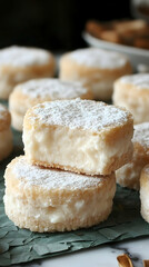 Stacked treats dusted with white creamy filling more in background