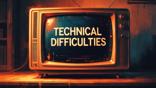 technical difficulties message on an old tv screen, orange retro futuristic dystopia 